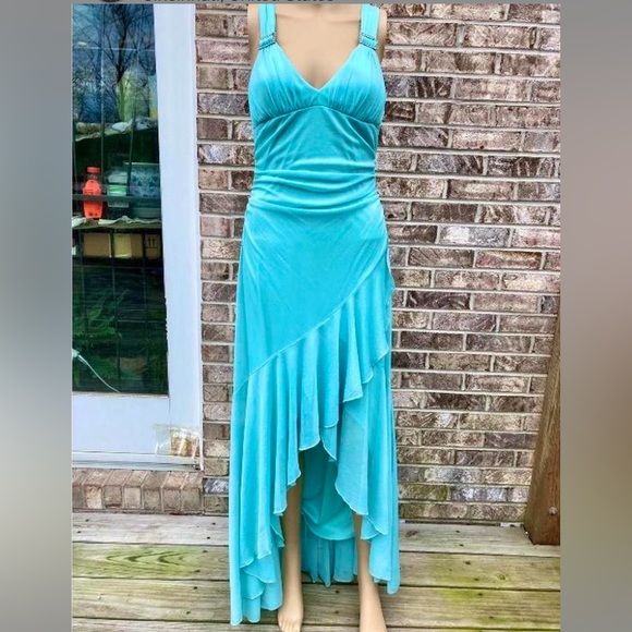 Y2K Turquoise Mermaidcore Glittery Ruffle Prom Dress - Picture 2 of 8